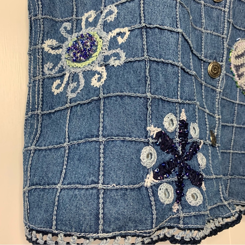 Blue Bayou Patchwork Embroidered Crochet Beaded Boho Denm jacket Women Size US S - Picture 9 of 16